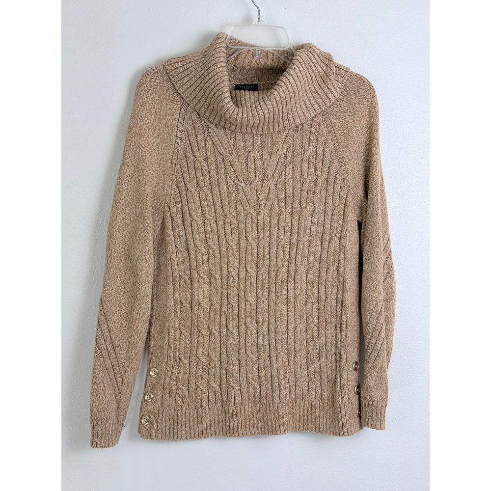 Talbots Tan Cable Knit Cowl Neck Sweater Gold Side Buttons Petite Medium
